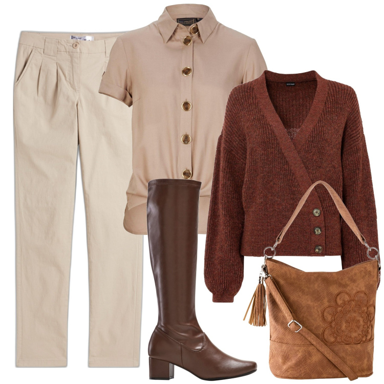 Outfit donna - Sfumature brown. Stile Casual chic per Ufficio. Abbinamento con pantaloni chino, borse a mano, stivali, maglieria, camicie.