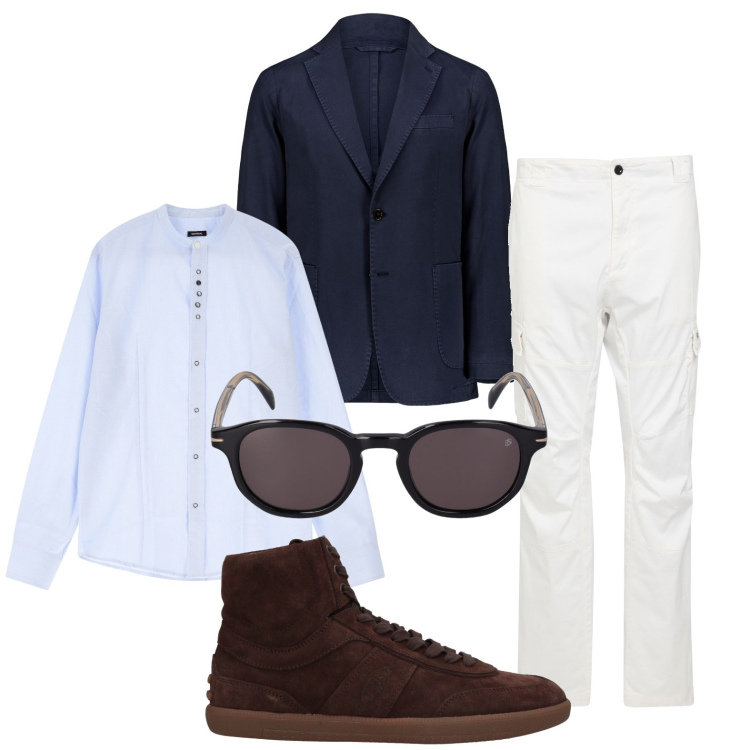 Outfit uomo - Ufficio style. Stile Trendy per Ufficio. Abbinamento con sneakers alte, pantaloni cargo, camicie, occhiali da sole, giacche.