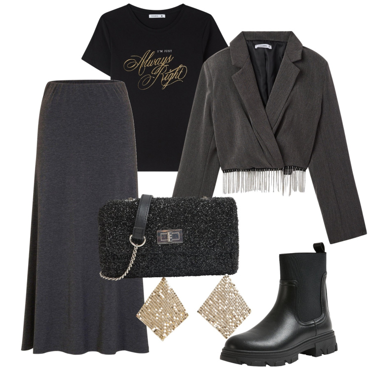 Outfit donna - Il giacchino con le frange catenella !. Stile Trendy per Serata fuori. Abbinamento con gonne, blazer, t-shirt, orecchini, stivaletti chelsea, borse a tracolla.