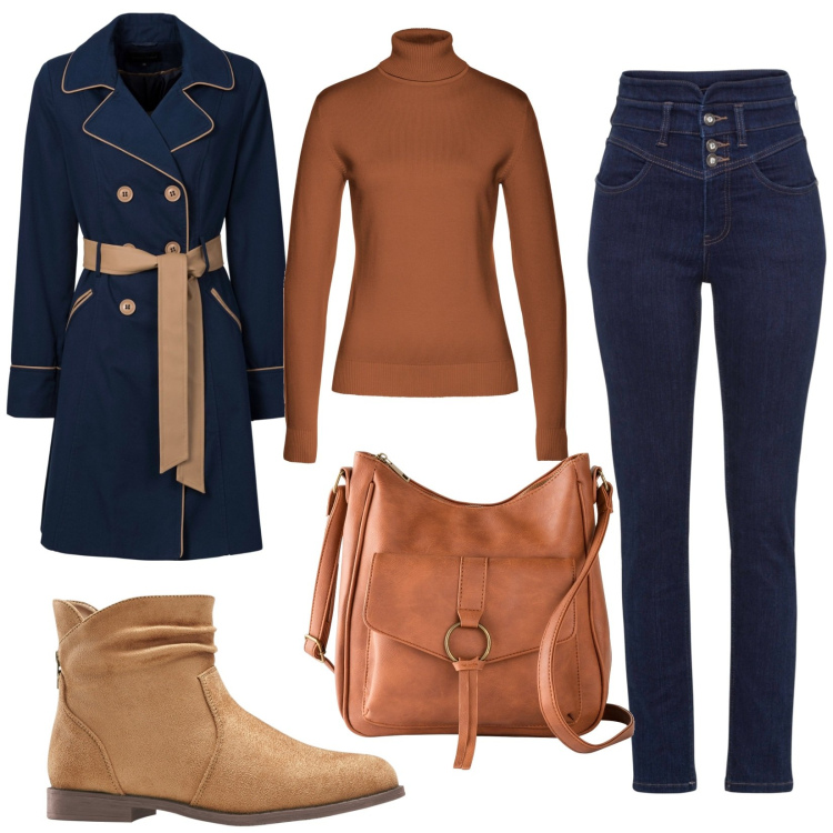 Outfit donna - Total look #1968706. Stile Casual chic per Tutti i giorni. Abbinamento con trench, maglieria, borse a tracolla, jeans skinny, stivaletti.