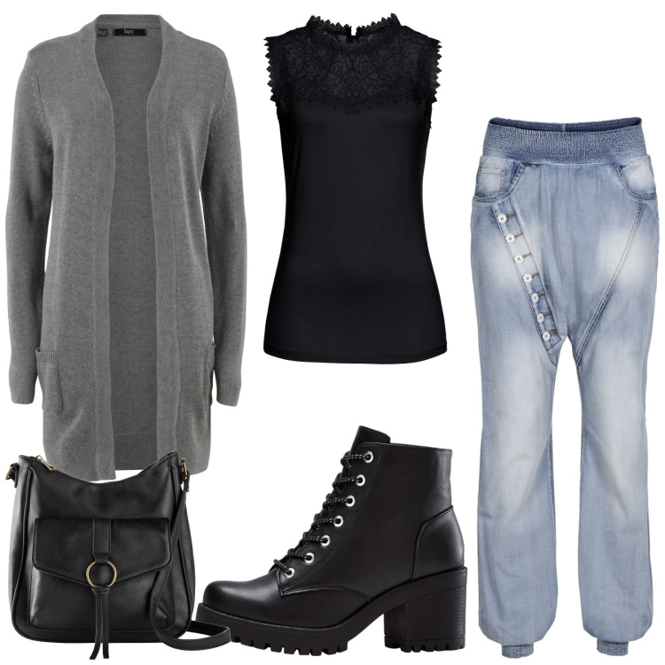 Outfit donna - Total look #1968710. Stile Urban per Tutti i giorni. Abbinamento con top, cardigans, stivaletti, jeans, borse a tracolla.