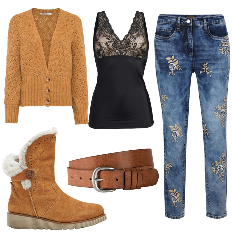Outfit donna - Total look #1968713. Stile Casual per Scuola/Università. Abbinamento con jeans, cardigans, stivali, cinture, top.