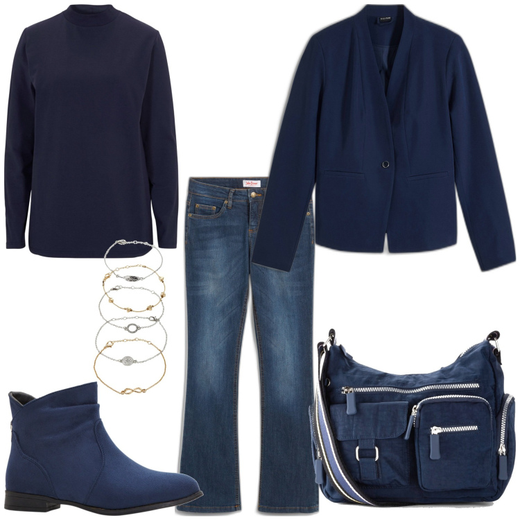 Outfit donna - I capi basici del guardaroba. Stile Basic per Tutti i giorni. Abbinamento con jeans bootcut, borse a tracolla, blazer, stivaletti, braccialetti con ciondoli, maglieria.