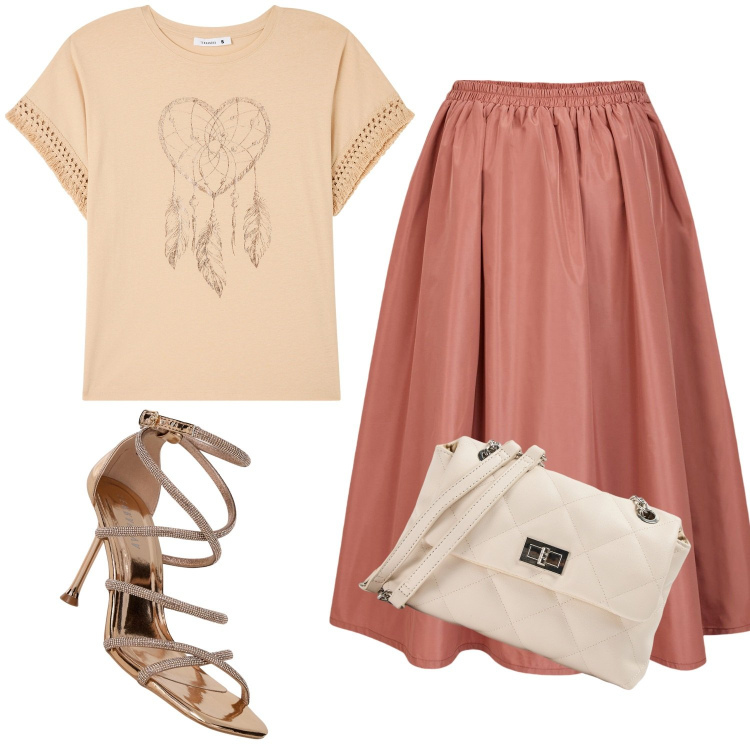 Outfit donna - Peach. Stile Casual chic per Serata fuori. Abbinamento con t-shirt, sandali col tacco, borse a spalla, gonne lunghe.