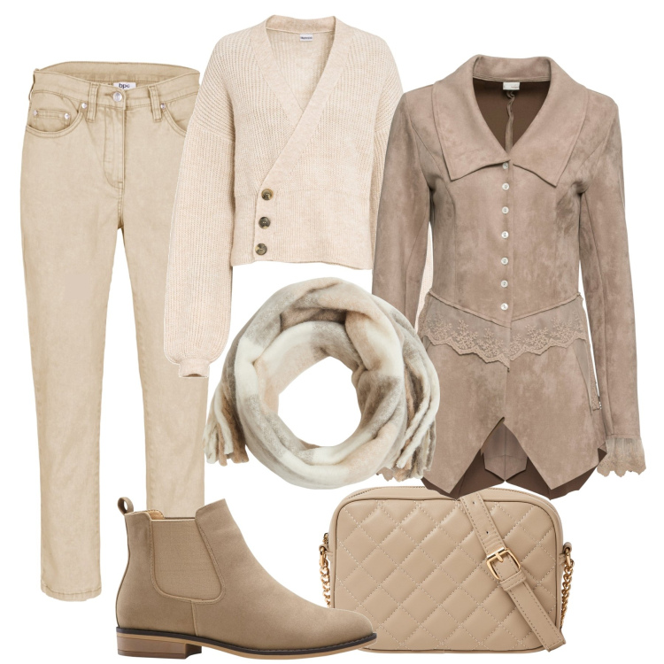Outfit donna - Autunno dai toni neutri. Stile Casual per Tutti i giorni. Abbinamento con pantaloni, stivaletti chelsea, maglieria, blazer, borse a tracolla, sciarpe.