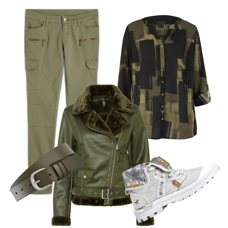 Outfit donna - Autunno. Stile Casual per Tutti i giorni. Abbinamento con pantaloni cargo, camicie, blazer, sneakers alte, cinture.