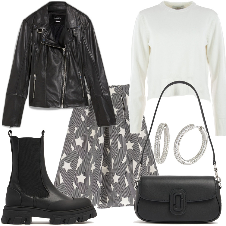 Outfit donna - Rock band di città. Stile Trendy per Tutti i giorni. Abbinamento con blazer, gonne lunghe, orecchini, maglieria, stivaletti chelsea, borse a spalla.