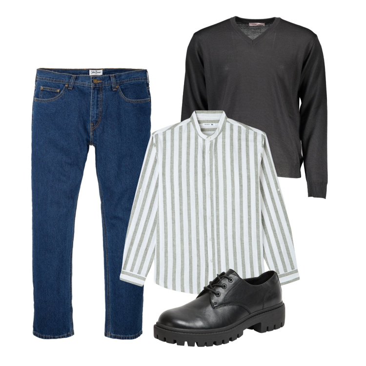 Outfit uomo - Bon ton anche lui. Stile Casual per Tutti i giorni. Abbinamento con jeans dritti, camicie, scarpe stringate, maglieria.