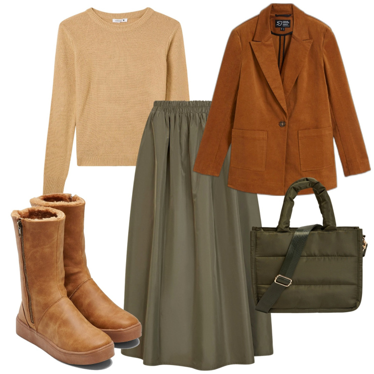 Outfit donna - Total look #1968755. Stile Urban per Tutti i giorni. Abbinamento con stivali, blazer, shopping bag, maglieria, gonne lunghe.