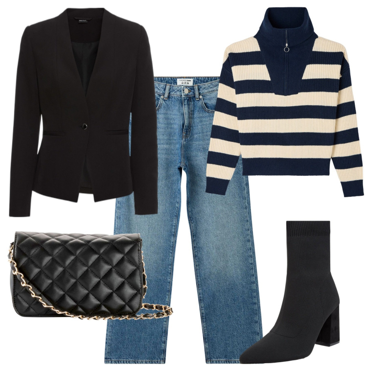 Outfit donna - City. Stile Urban per Tutti i giorni. Abbinamento con blazer, borse a tracolla, maglieria, jeans dritti, stivaletti.
