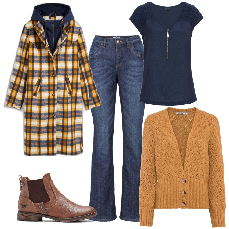 Outfit donna - Il cappotto a quadri. Stile Casual per Tutti i giorni. Abbinamento con t-shirt, cappotti, cardigans, jeans bootcut, stivaletti chelsea.
