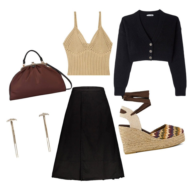 Outfit donna - Una serata autunnale. Stile Casual per Serata fuori. Abbinamento con cardigans, top, orecchini, gonne lunghe, sandali col tacco, borse a spalla.