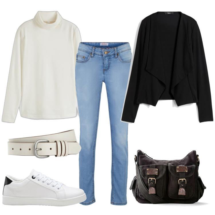 Outfit donna - Total look #1968795. Stile Casual chic per Ufficio. Abbinamento con maglieria, blazer, jeans skinny, sneakers, borse a tracolla, cinture.