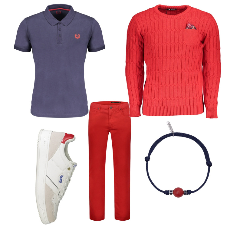 Outfit uomo - Voglia di rosso. Stile Casual per Tutti i giorni. Abbinamento con braccialetti, pantaloni, maglieria, sneakers, polo.