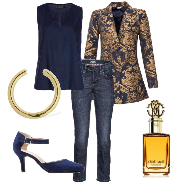 Outfit donna - Sabato sera. Stile Glamour per Serata fuori. Abbinamento con jeans, décolleté, cappotti, top, profumi, orecchini.