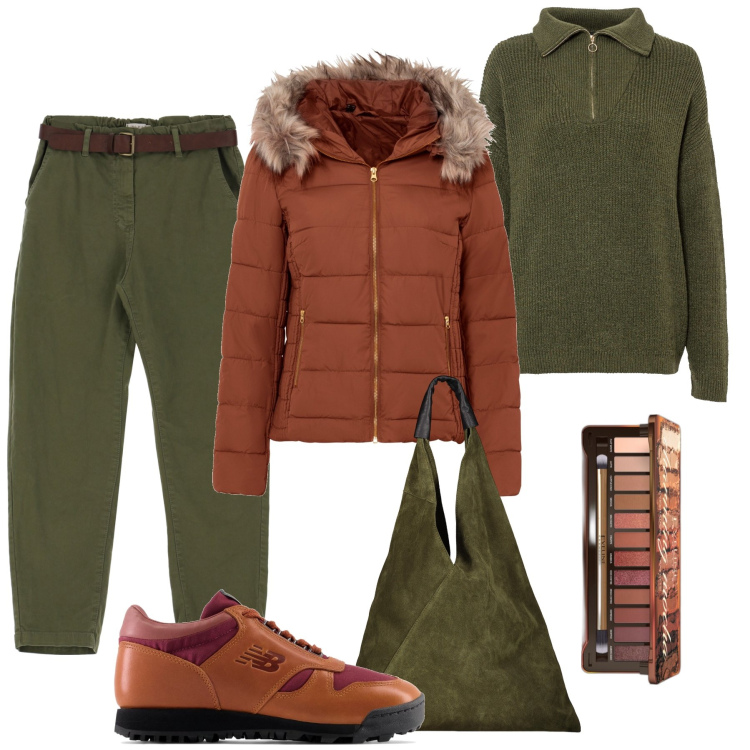 Outfit donna - Autunno verde. Stile Casual per Tutti i giorni. Abbinamento con giacche, maglieria, ombretti, sneakers, pantaloni, borse a spalla.