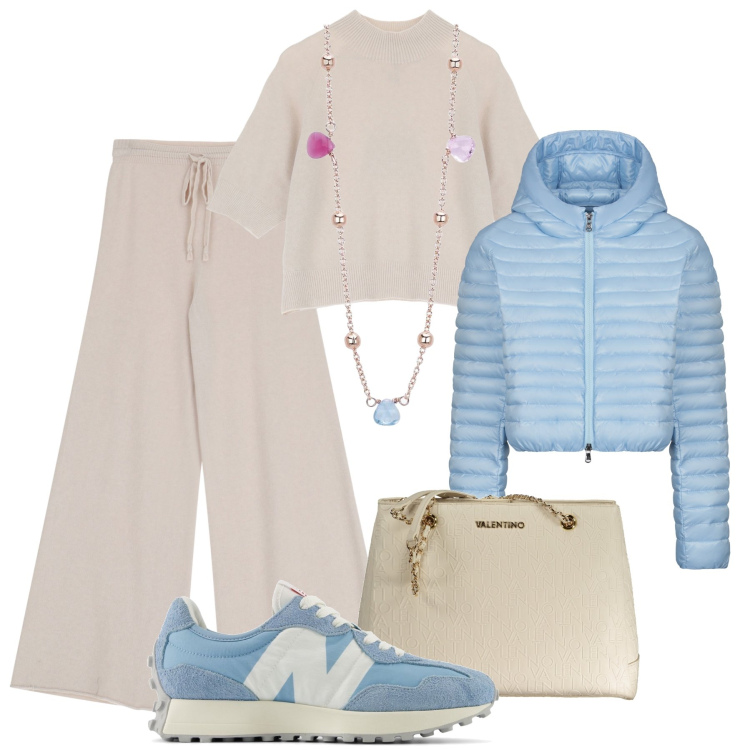 Outfit donna - I pantaloni in maglia e il piumino. Stile Casual per Tutti i giorni. Abbinamento con collane, sneakers, pantaloni, maglieria, piumini, borse a spalla.