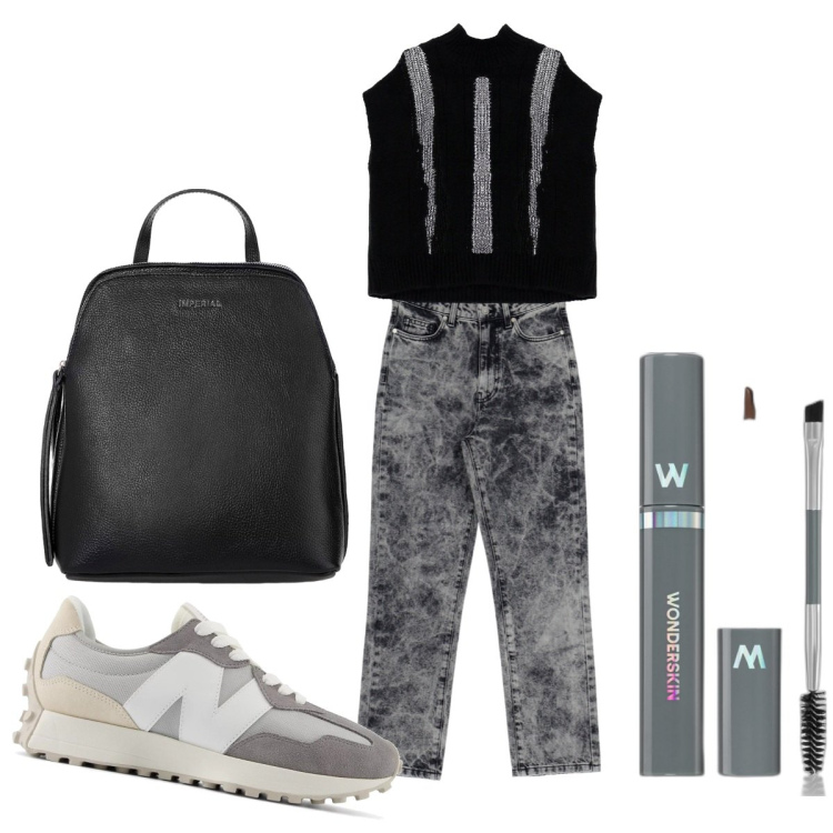 Outfit donna - Tempo Libero. Stile Casual chic per Tutti i giorni. Abbinamento con mascara, sneakers, zaini, jeans dritti, maglieria.
