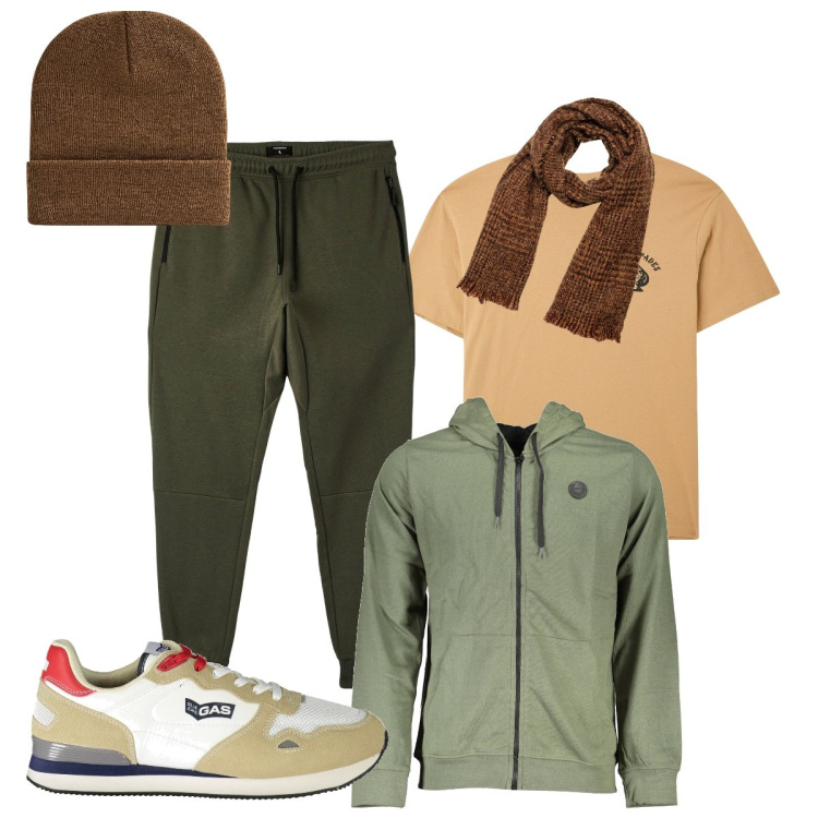 Outfit uomo - Total look #1968828. Stile Casual per Tutti i giorni. Abbinamento con t-shirt, pantaloni, berretti, sciarpe, felpe con cappuccio, sneakers.