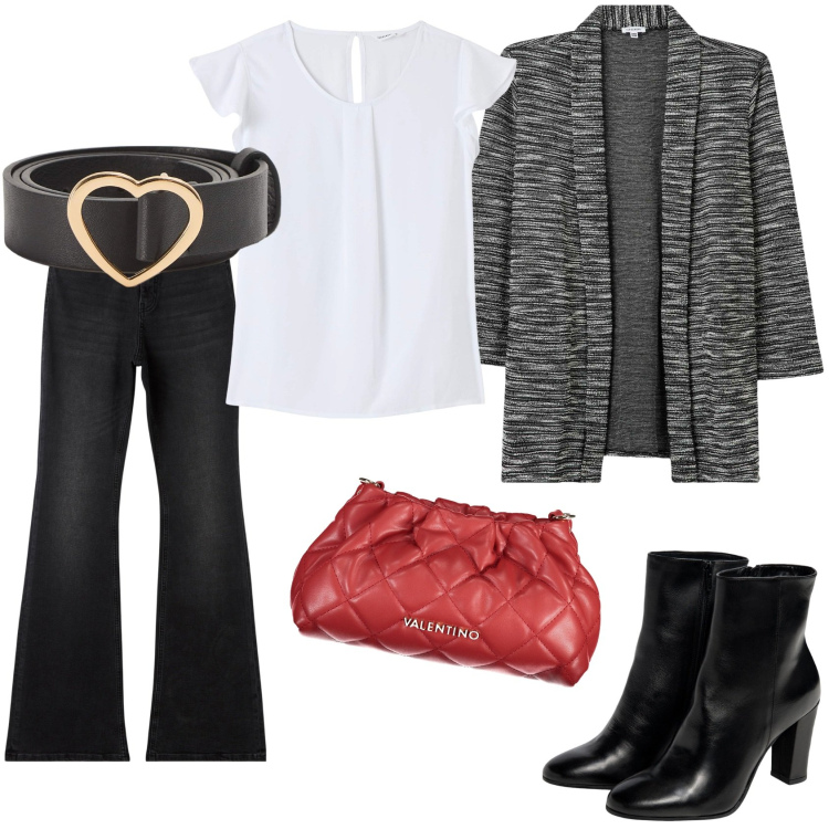Outfit donna - Perfetta h24. Stile Casual chic per Tutti i giorni. Abbinamento con bluse, blazer, jeans a zampa, cinture, stivaletti, borse a mano.