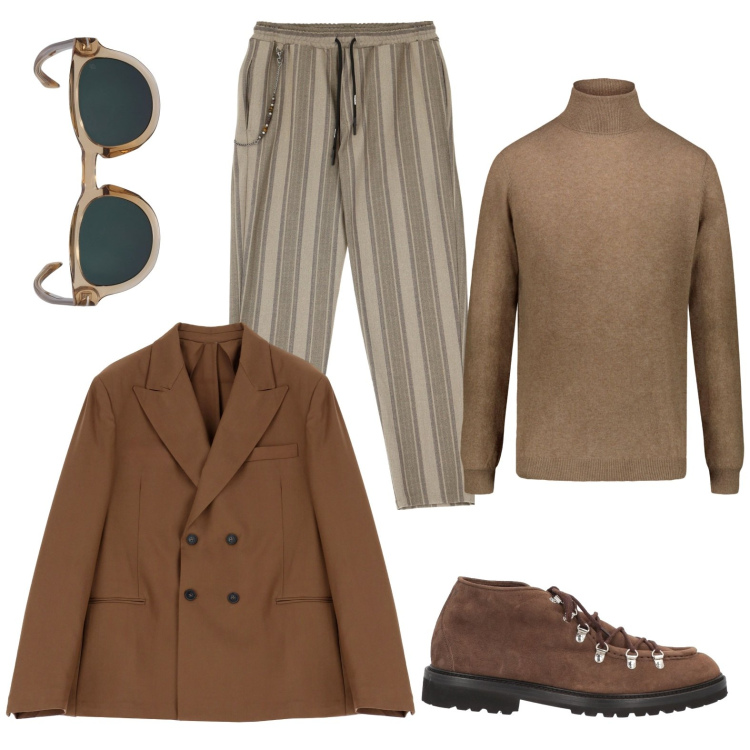 Outfit uomo - Pantaloni a righe. Stile Trendy per Ufficio. Abbinamento con stivali e stivaletti, pantaloni, giacche, maglieria, occhiali da sole.