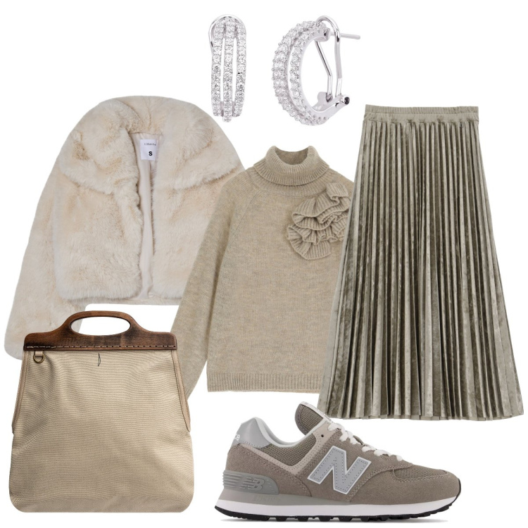 Outfit donna - Il caldo pellicciotto. Stile Sporty chic per Serata fuori. Abbinamento con blazer, orecchini, sneakers, maglieria, gonne longuette, borse a tracolla.