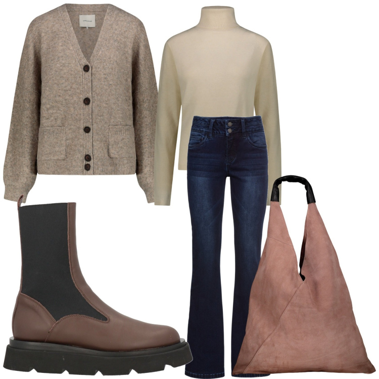 Outfit donna - In ufficio in inverno. Stile Casual per Ufficio. Abbinamento con jeans bootcut, stivaletti chelsea, cardigans, pullovers, borse a spalla.