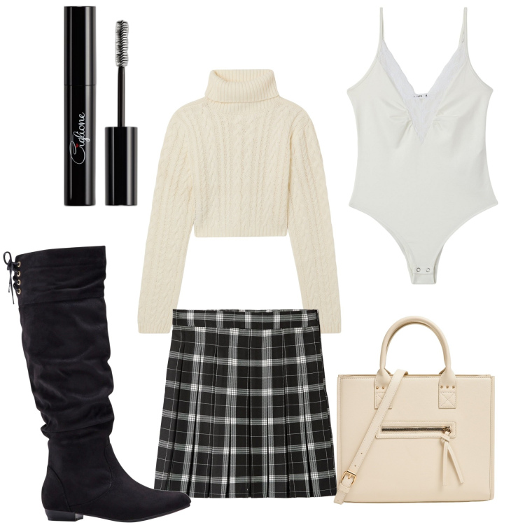 Outfit donna - Quadretti. Stile Casual chic per Serata fuori. Abbinamento con stivali, mascara, minigonne, shopping bag, maglieria, body.