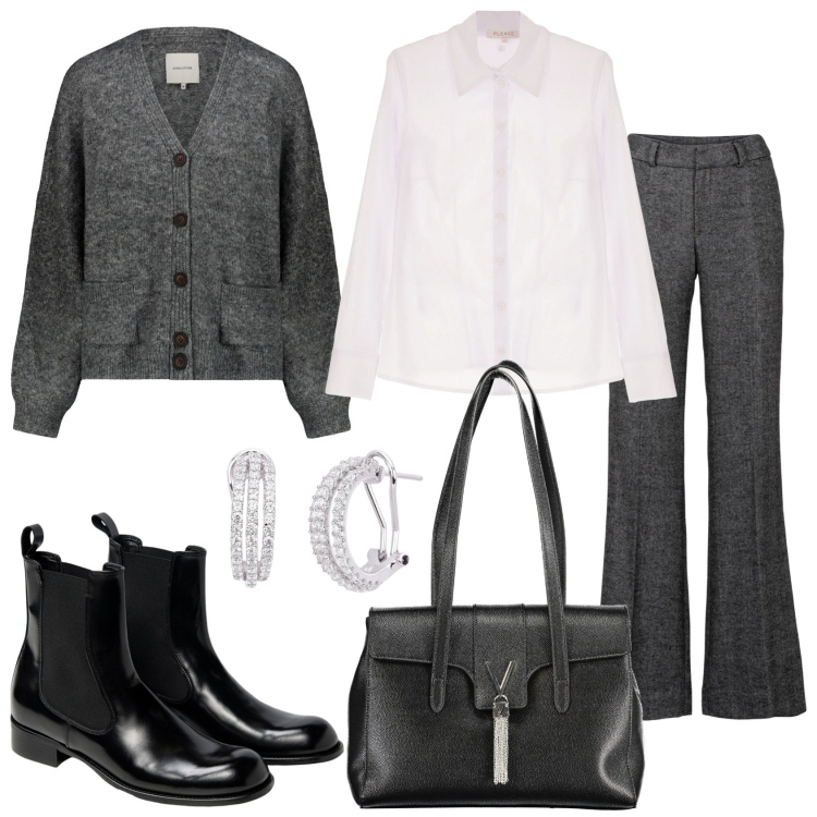 Outfit donna - Stile maschile. Stile Mannish per Tutti i giorni. Abbinamento con pantaloni a palazzo, orecchini, camicie, cardigans, stivaletti chelsea, borse a spalla.