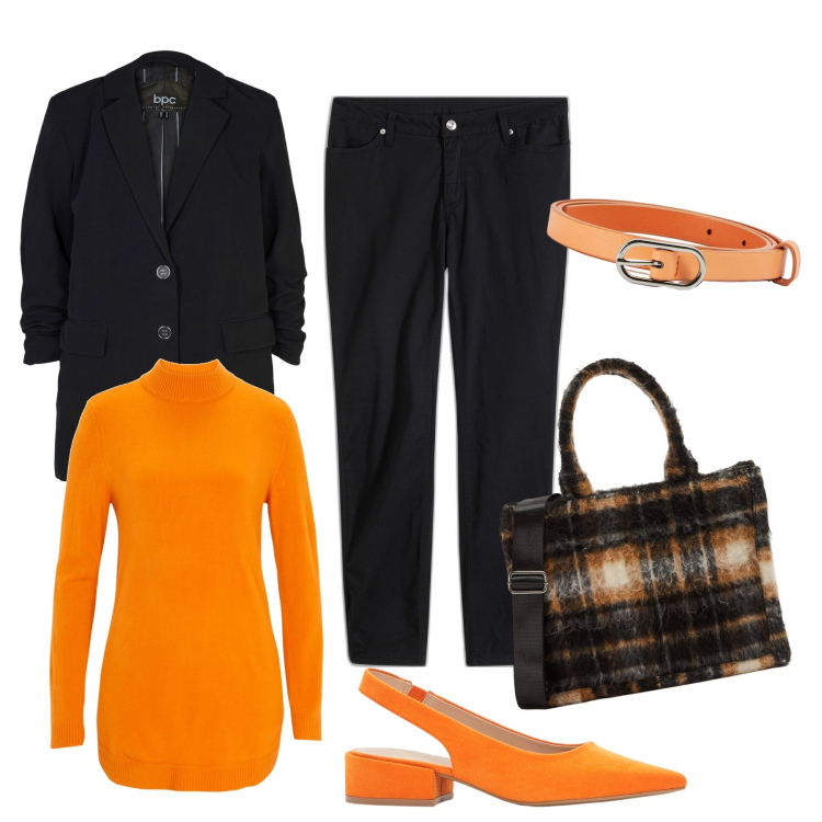 Outfit donna - Autunno in ufficio. Stile Casual chic per Ufficio. Abbinamento con jeans, décolleté, maglieria, blazer, shopping bag, cinture.