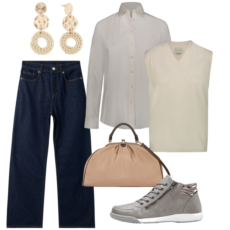 Outfit donna - Casual mannish. Stile Mannish per Ufficio. Abbinamento con sneakers alte, orecchini, jeans, maglieria, camicie, borse a spalla.