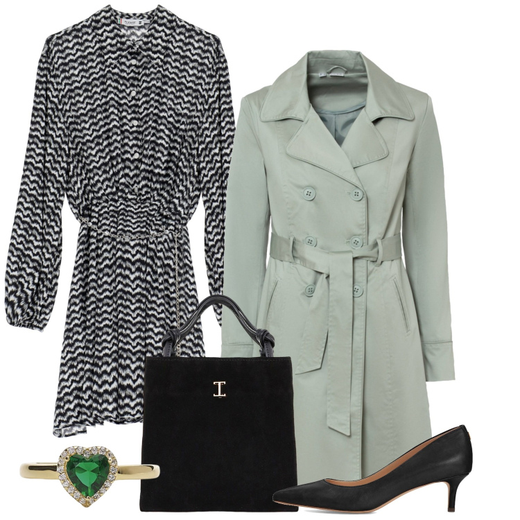 Outfit donna - Il trench. Stile Bon Ton per Ufficio. Abbinamento con trench, décolleté, anelli, vestiti chemisier, shopping bag.