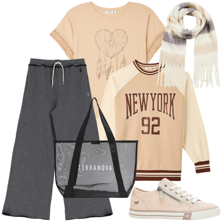 Outfit donna - Total look #1968918. Stile Casual per Tutti i giorni. Abbinamento con sneakers, t-shirt, felpe, shopping bag, sciarpe, pantaloni a palazzo.