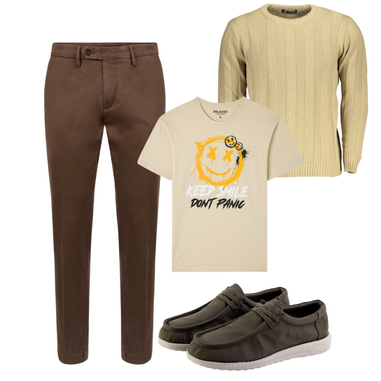 Outfit uomo - Don\'t panic!. Stile Casual per Tutti i giorni. Abbinamento con t-shirt, maglieria, scarpe stringate, pantaloni chino.