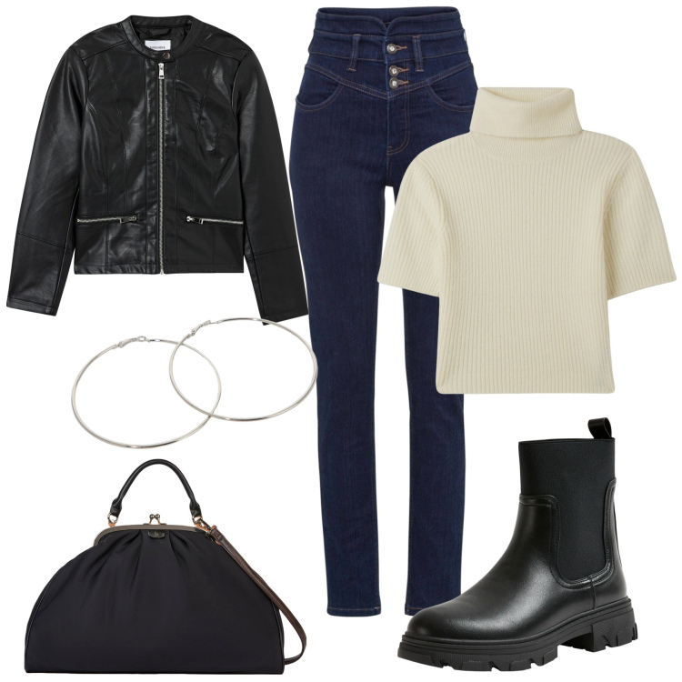 Outfit donna - Grinta romantica. Stile Rock per Tutti i giorni. Abbinamento con jeans skinny, maglieria, blazer, stivaletti chelsea, orecchini, borse a tracolla.