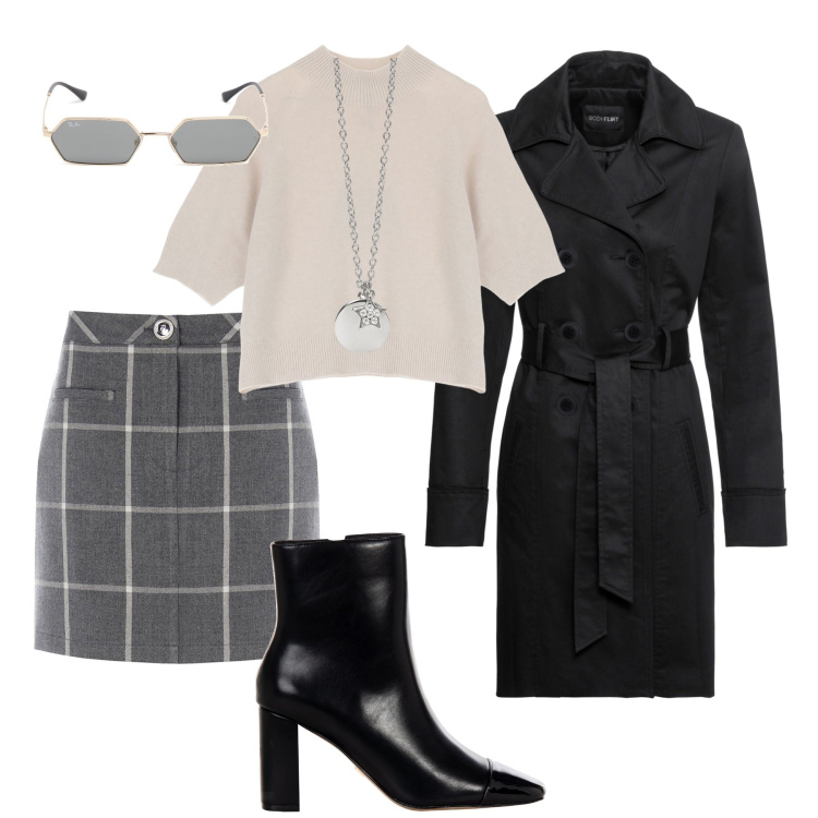 Outfit donna - La minigonna jacquard disegno check. Stile Trendy per Tutti i giorni. Abbinamento con trench, ciondoli, minigonne, stivaletti, maglieria, occhiali da sole.