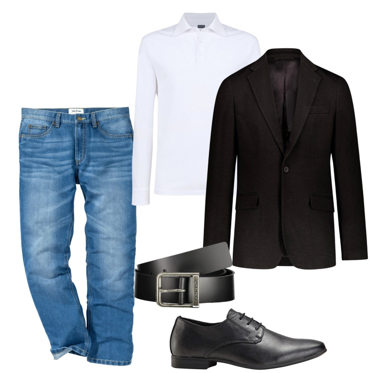 Outfit uomo - Testa di moro sui jeans. Stile Casual per Tutti i giorni. Abbinamento con scarpe stringate, jeans dritti, giacche, cinture, polo.