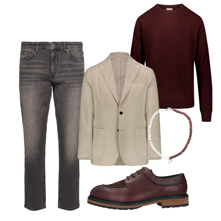 Outfit uomo - Burgundy fall. Stile Trendy per Tutti i giorni. Abbinamento con collane, scarpe stringate, maglieria, giacche, jeans.