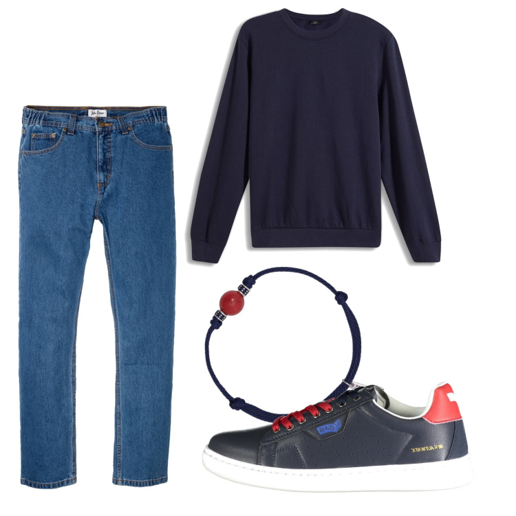 Outfit uomo - Blu e blu. Stile Casual per Tutti i giorni. Abbinamento con felpe, jeans dritti, braccialetti, sneakers.