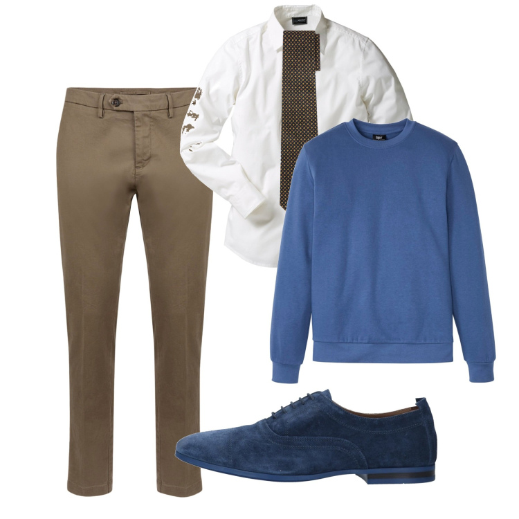 Outfit uomo - Tabacco e mare. Stile Business/Elegante per Ufficio. Abbinamento con camicie, felpe, scarpe stringate, pantaloni chino, cravatte.
