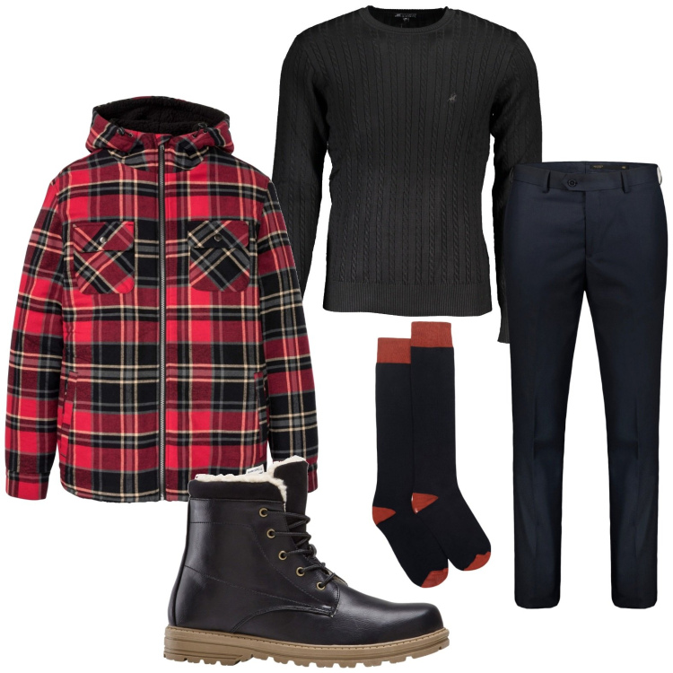 Outfit uomo - Il giaccone a quadri. Stile Trendy per Tutti i giorni. Abbinamento con stivali e stivaletti, cappotti, maglieria, pantaloni, calzini.