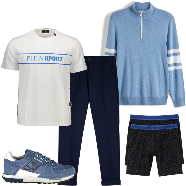 Outfit uomo - Sportivo. Stile Casual per Tutti i giorni. Abbinamento con boxer, t-shirt sportive, pantaloni chino, t-shirt, scarpe sportive.