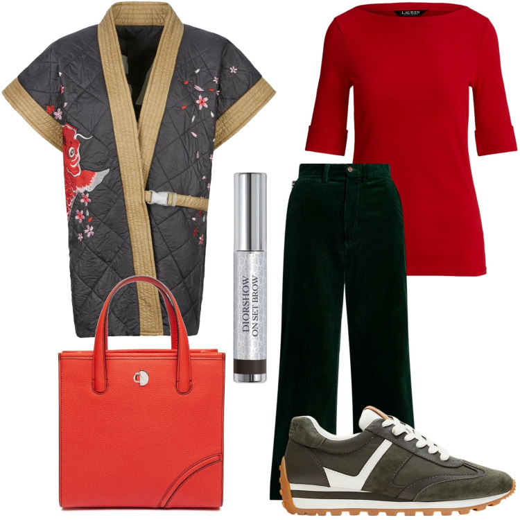 Outfit donna - My casual. Stile Casual per Tutti i giorni. Abbinamento con mascara, t-shirt, sneakers, pantaloni, kimono, shopping bag.