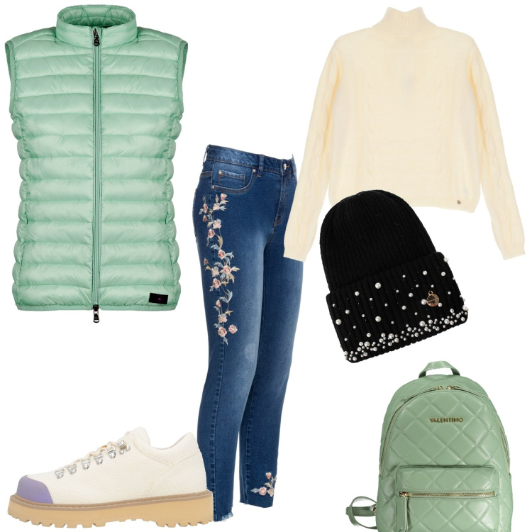 Outfit donna - Oggi fa freddo. Stile Casual per Tutti i giorni. Abbinamento con jeans, scarpe stringate, berretti, maglieria, piumini, zaini.