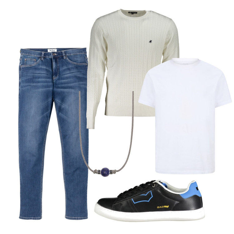 Outfit uomo - La tshirt candida. Stile Casual per Tutti i giorni. Abbinamento con jeans, collane, maglieria, sneakers, t-shirt.