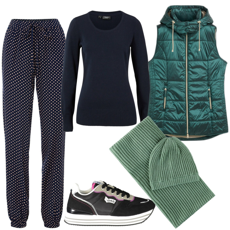 Outfit donna - Oggi fa freddo. Stile Casual per Tutti i giorni. Abbinamento con pantaloni, gilet, maglieria, foulard, sneakers.
