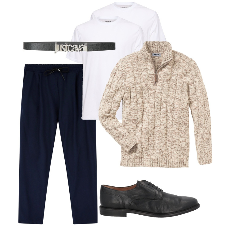 Outfit uomo - Un pull melange su blu. Stile Casual per Tutti i giorni. Abbinamento con maglieria, scarpe stringate, cinture, pantaloni, t-shirt.
