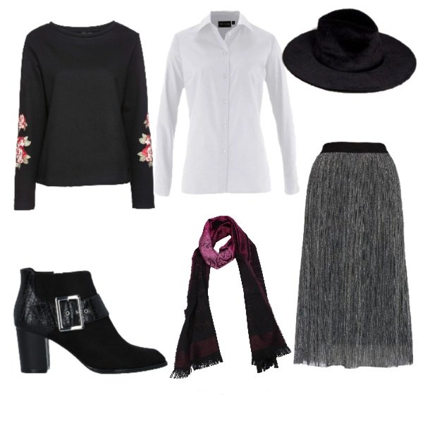 Outfit donna - La camicia bianca. Stile Urban per Tutti i giorni. Abbinamento con camicie, felpa fantasia floreale con ricamo in denim nero, stivaletti con stampa effetto scamosciato con tacco squadrato e fibbia con punta tonda in pelle sintetica tinta unita, foulard con frange, gonna midi effetto metallizzato argento, cappello con stampa tinta unita nero.