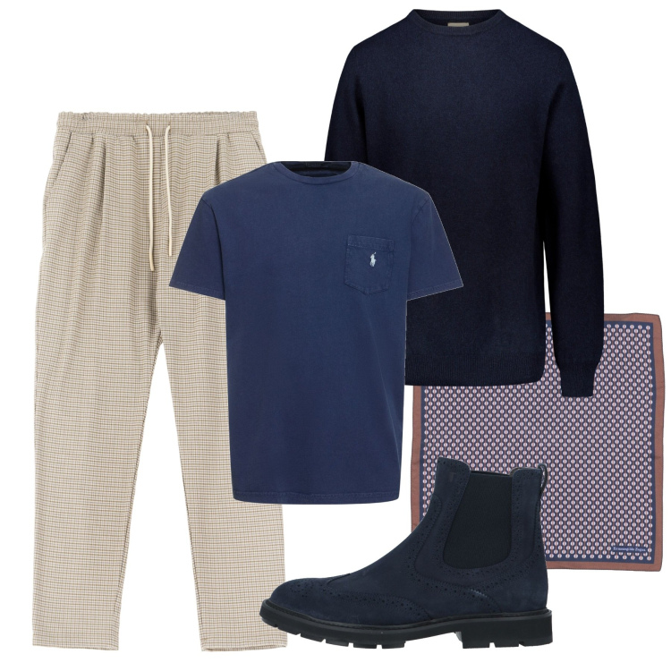 Outfit uomo - Richiami di blu. Stile Trendy per Tutti i giorni. Abbinamento con sciarpe, stivali e stivaletti, pantaloni, maglieria, t-shirt.