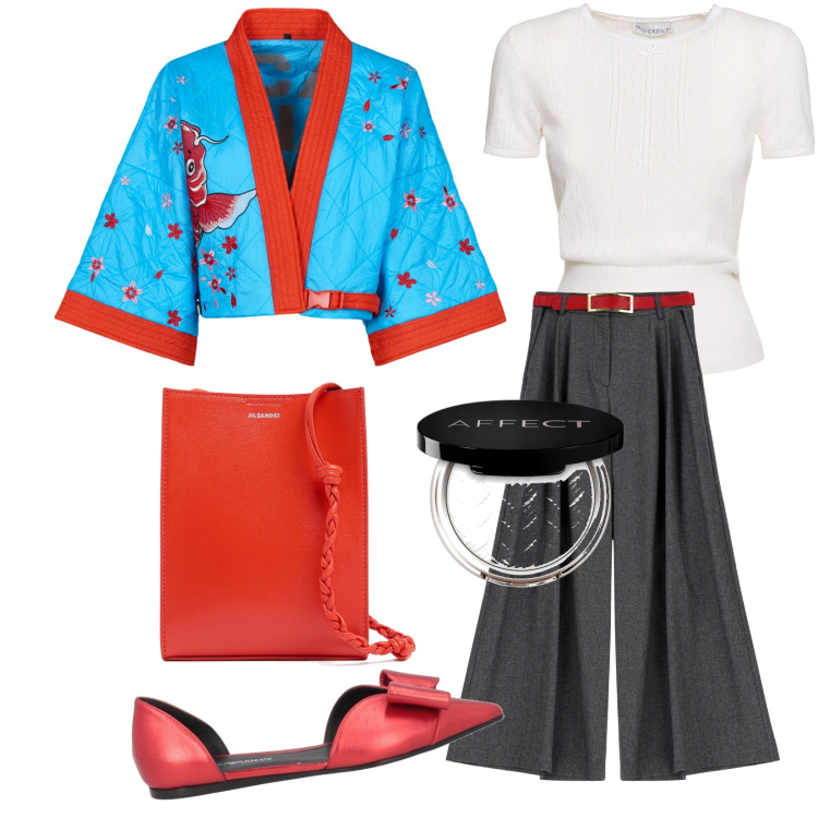 Outfit donna - Kimono. Stile Trendy per Tutti i giorni. Abbinamento con ballerine, ciprie, pantaloni, kimono, t-shirt, borse a spalla.